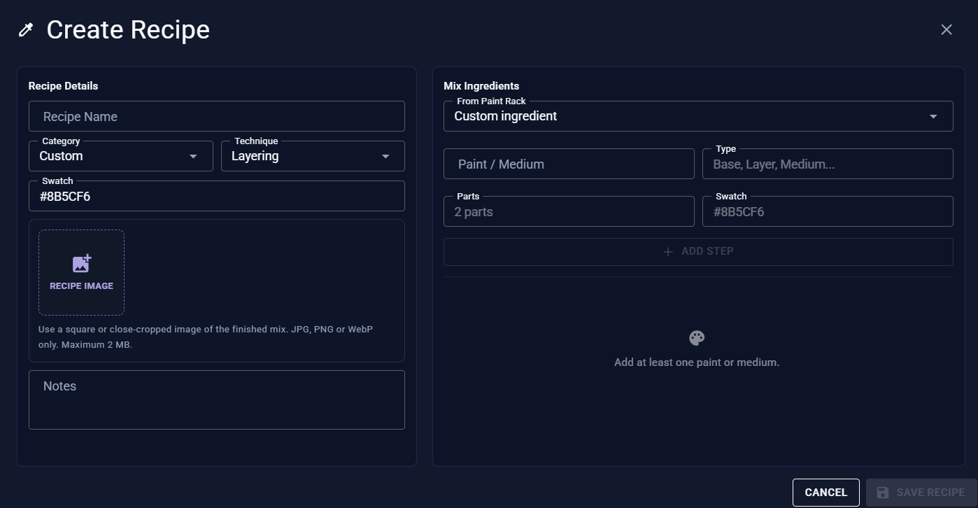 Create recipe dialog